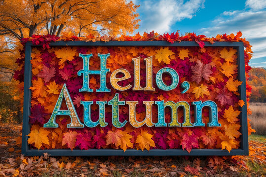 Greeting card inscription Hello autumn fall background yellow and red leaves leaf fall AI Generative