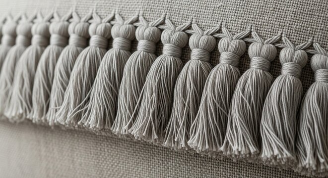 Detailed macro shot of elegant grey tassel fringe trim on a natural linen fabric. The image showcases the soft lighting, precise knotting of the tassels, and the fine woven texture of the textile.
