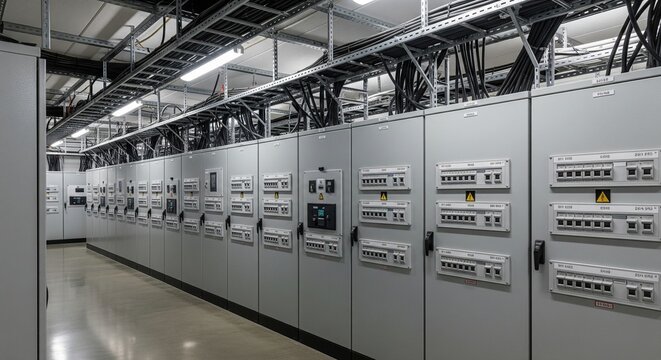 Industrial server room or electrical control facility featuring a long corridor of grey metal breaker cabinets and distribution panels. Black power cables are neatly managed