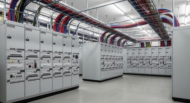 Industrial electrical switchgear room or power control room with neat rows of white electrical cabinets and control panels. Heavy colorful power cables (red, blue, yellow) are neatly arranged on overh