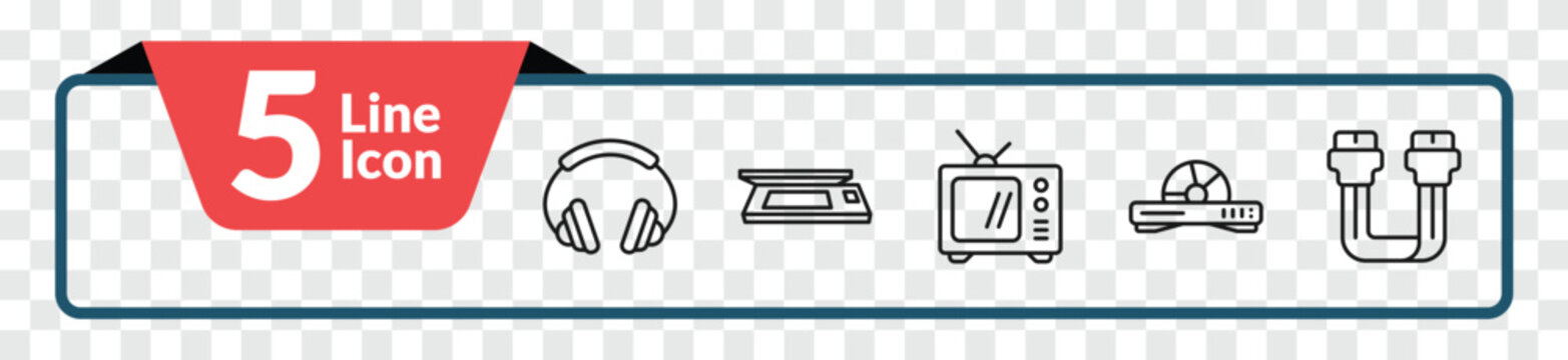 outline electronic devices icons set - earphones, scanner, dvd player, sata. editable vector for web and mobile ui