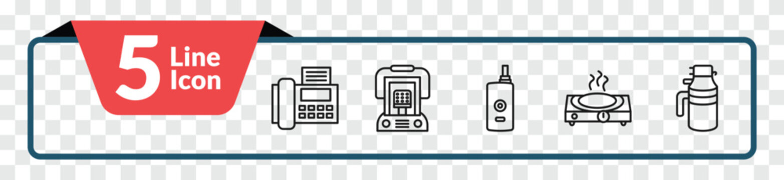 outline electronic devices icons set - fax, heater, hot plate, garbage disposal. editable vector for web and mobile ui
