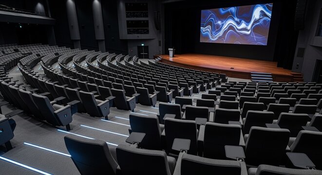 Huge dark conference hall or convention center theater. Empty rows of black chairs with small desks in a big auditorium facing a wooden stage with a large digital presentation screen