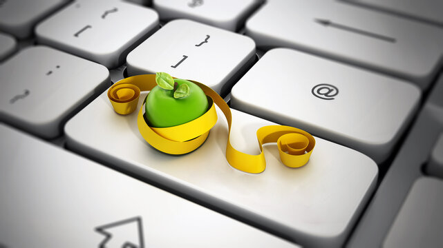 Fitness text, apple, tape measure on keyboard. 3D illustration