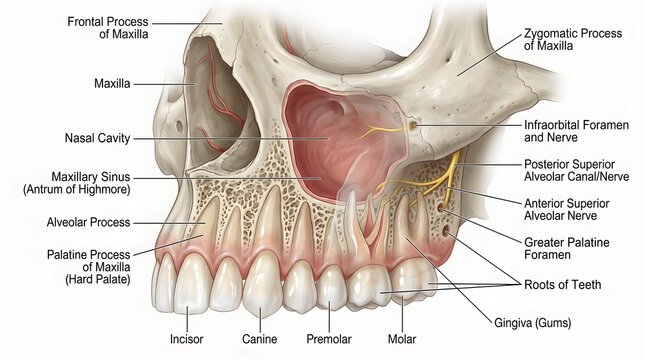 Lateral maxilla illustration demonstrating frontal and zygomatic processes, nasal cavity, maxillary sinus, alveolar process, palatine process of maxilla, incisors to molars, gingiva and branches of po
