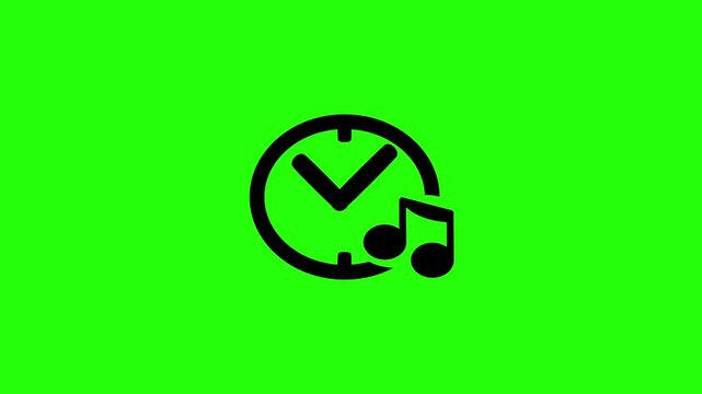 High quality 4K video showing a round time clock face with a musical melody note silhouette bouncing. Creative technical asset for audio vlog.
