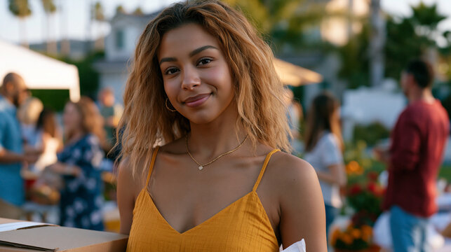 young woman with a moving box standing at the edge of a neighborhood block party, watching from outside the circle of neighbors, community belonging search, newcomer anxiety, social integration, sub