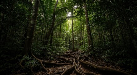 Fototapeta premium Lush tropical rainforest with winding tree roots on a forest floor path