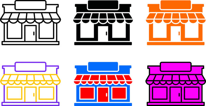 Colorful storefront icons with awnings and signs on white background