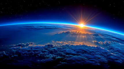 Fototapeta premium Solar sunrise over earth showing clouds and ocean from space orbit with atmosphere