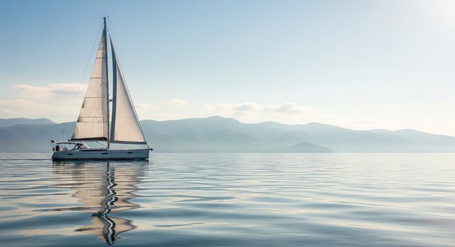 A sailboat on clear rippling water with a beautiful layered mountain range fading into the hazy background