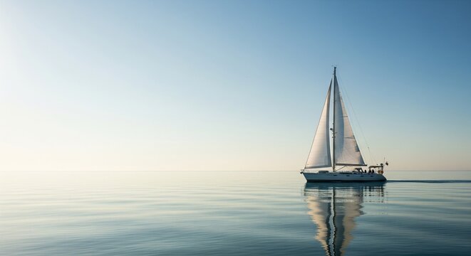 A classic white yacht sailing smoothly from right to left on calm water with a soft, bright sky gradient