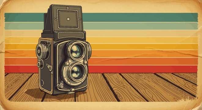 Retro Twin Lens Reflex Camera on Vintage Wooden Surface with Colorful Stripes