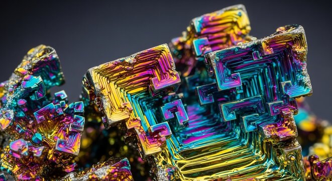 Close up of iridescent bismuth crystal with rainbow colors and geometric shapes.