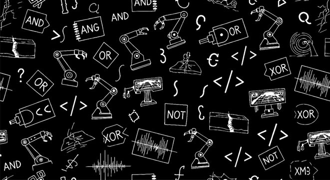 Complex Digital Logic Gates and Symbols Black Background.