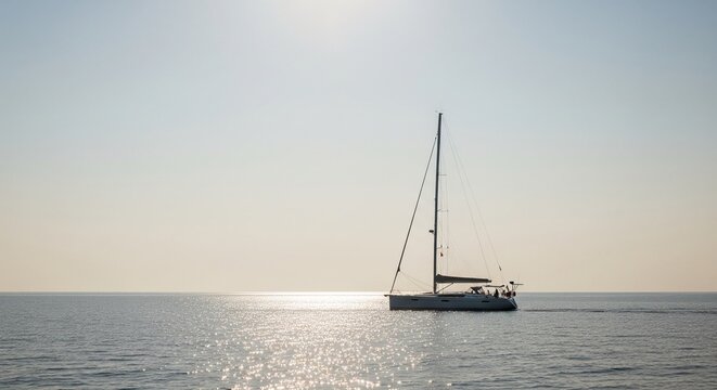 Side view of a white yacht with a tall mast sailing on calm open water against a hazy sunlit sky.