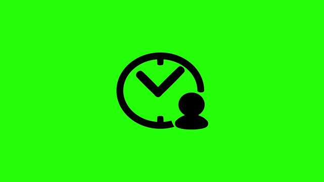 Beautiful 4K motion asset containing a time clock face with a person profile user silhouette bouncing. Clean human resource tracking graphic.