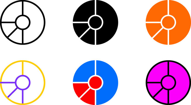 Six different colored pie charts for data analysis and statistics  business and finance