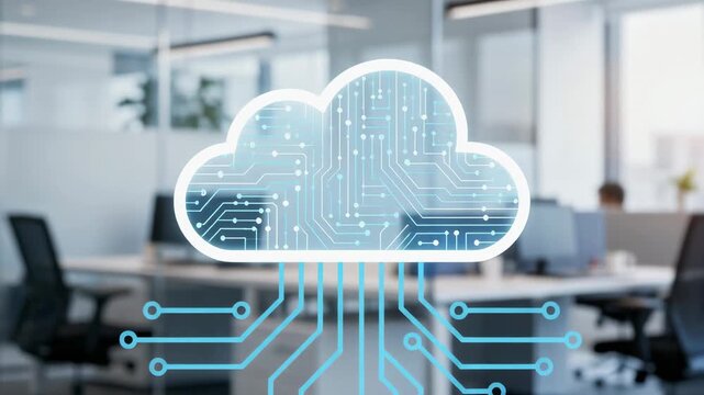 Futuristic office environment with digital cloud circuits connecting seamlessly for modern technology workspace