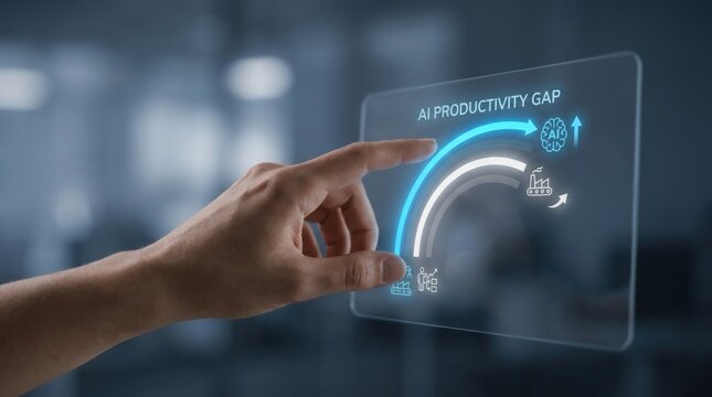 AI productivity gap - A hand adjusts a productivity gauge showing the rapid rise of AI adoption compared to actual output in a minimal, modern interface.