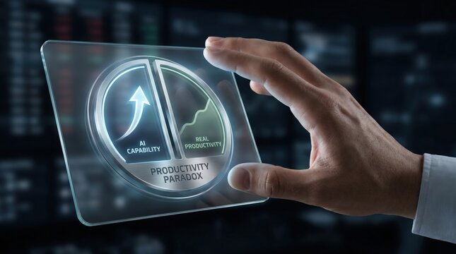AI productivity gap - A hand hovers over a paradox meter showing rising AI capability and lagging productivity on a clean, minimal interface.