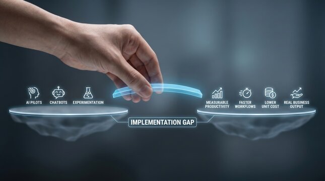 AI productivity gap - Hand placing a bridge between AI innovation and productivity, illustrating the challenge of the implementation gap in a clean, minimal interface.