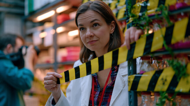 Laboratory manager quarantines an entire incubator bay after mycoplasma contamination is confirmed, attaching biohazard tape across stacked culture flasks, while a technician photographs evidence an