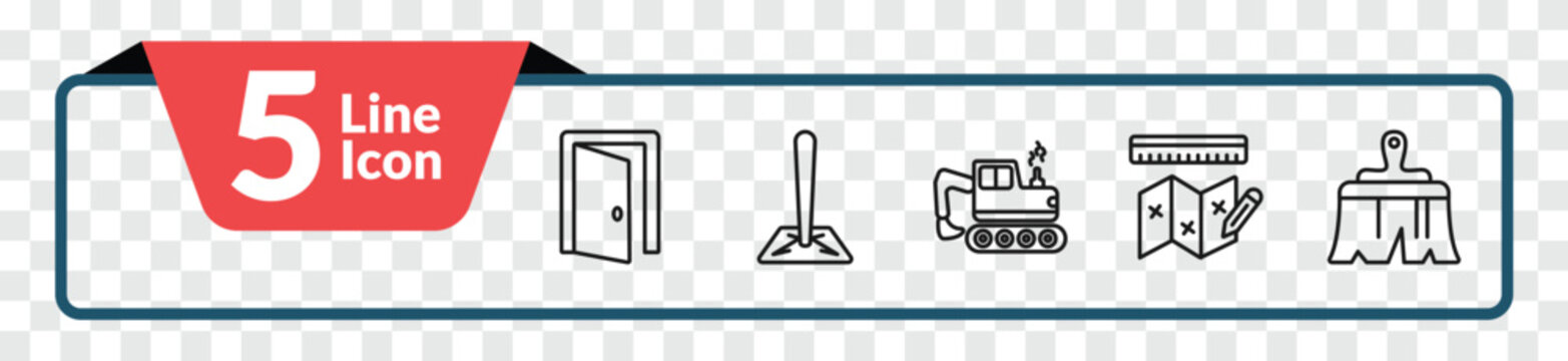 outline construction tools icons set - doors open, soil, measures plan, builder brush. editable vector for web and mobile ui