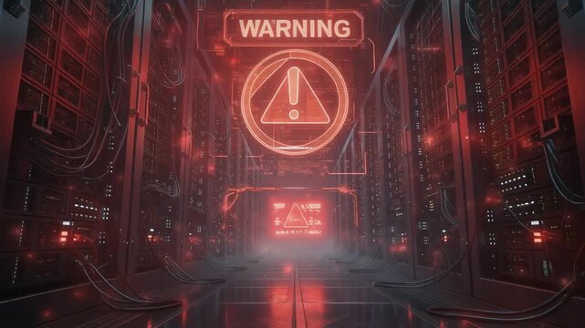 Futuristic server room with red emergency lights flashing and cables in modern data center