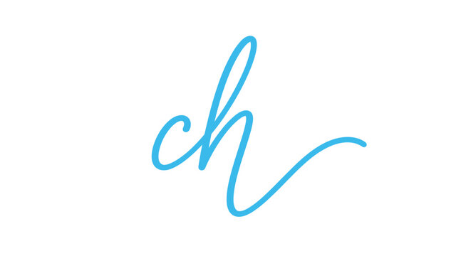 Minimalist light blue handwritten initials ch in a flowing cursive script font isolated on a clean solid white background.