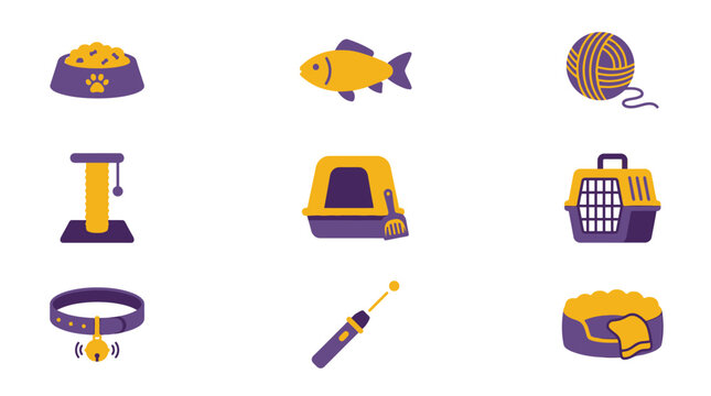 Cat Pet Care Icons Set: Food, Fish, Toy, Scratcher, Litter Box, Carrier, Collar, Laser Pointer, Bed