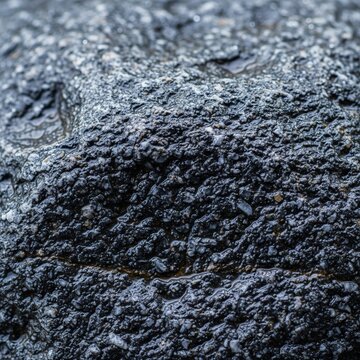 Close-up texture of dark grey wet asphalt or rough volcanic rock surface with glistening water droplets