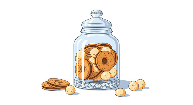 Transparent glass cookie jar filled with round sandwich biscuits and small snacks standing on a plain white background.