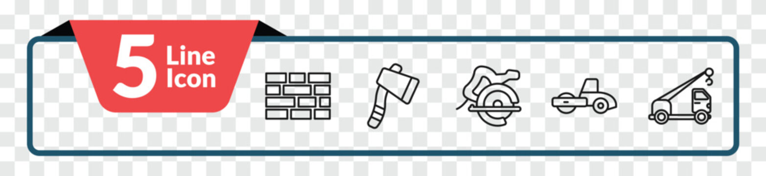 outline construction icons set - birck wall, inclined ax, road roller, crane truck. editable vector for web and mobile ui