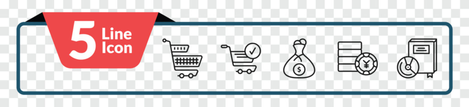 outline commerce icons set - supermarket basket, checkered, yens coins stack, book with dvd. editable vector for web and mobile ui