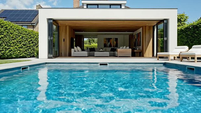 Luxury house backyard with swimming pool and open doors.