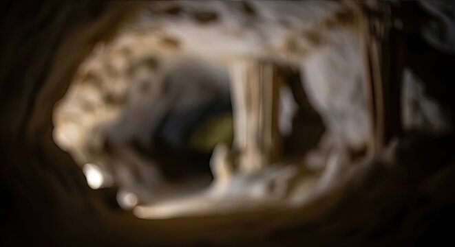Mysterious Cave Interior with Illuminated Stalactites and Stalagmites.
