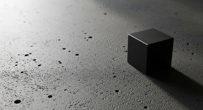 A black geometric cube placed on a textured grey concrete surface, captured from a high angle with dramatic bright lighting from the side.