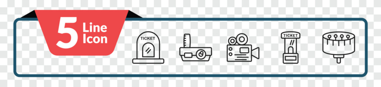 outline cinema icons set - cinema ticket window, slide projector, ticket window, zoetrope. editable vector for web and mobile ui