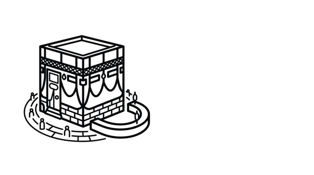 A simple black and white line art illustration of the Kaaba in Mecca.
