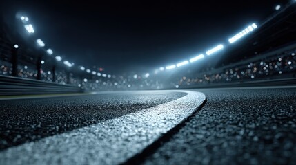 Obraz premium Empty professional racetrack illuminated by stadium lights at night