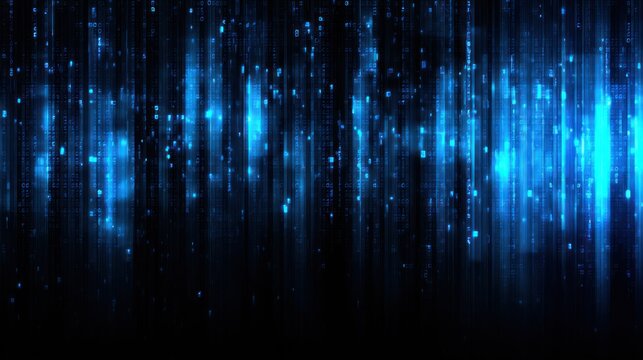 Abstract glowing blue digital rain with vertical light streaks on black background