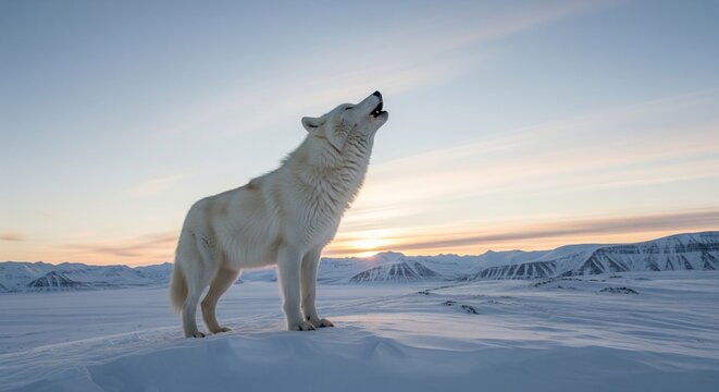 A majestic white wolf standing on a snowy field in the arctic landscape, looking up and howling during a bright winter sunset.