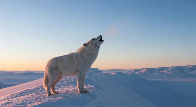 A white arctic wolf standing on top of a snowy mountain ridge and howling against a clear blue and pink sunset sky
