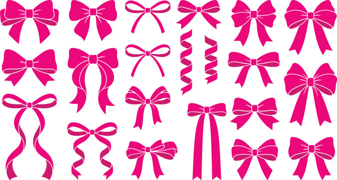 Hot Pink Ribbon Bow Silhouette Collection in Various Styles for Feminine Girly Decoration Vector Set