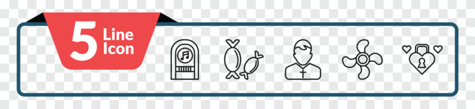 outline birthday and party icons set - jukebox, sweet, blower, love lock. editable vector for web and mobile ui