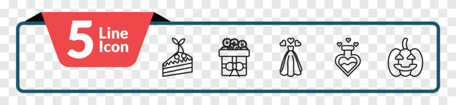 outline birthday and party icons set - cake slice, wedding present, love potion, halloween. editable vector for web and mobile ui