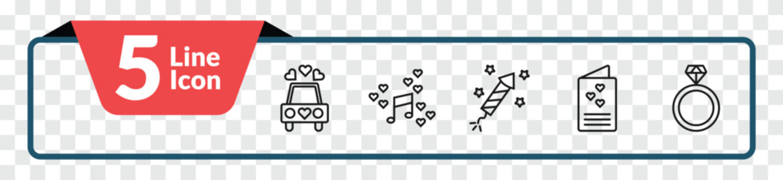 outline birthday and party icons set - wedding car, romantic music, wedding letter, ring. editable vector for web and mobile ui