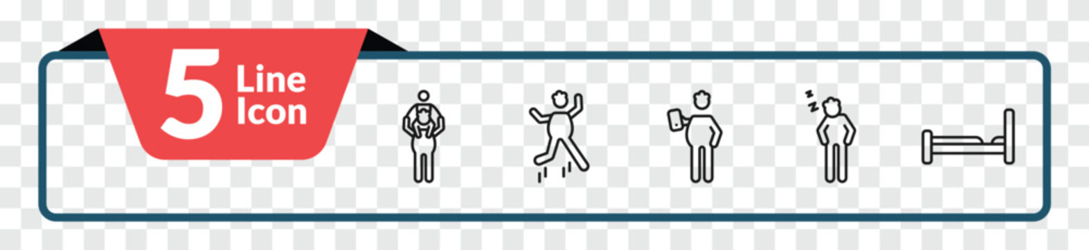 outline behavior icons set - piggyback a kid, stick man jumping, man snoozing, making the bed. editable vector for web and mobile ui