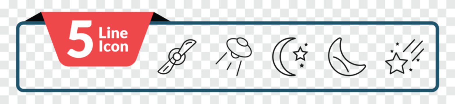 outline astronomy icons set - airscrew, ufo flying, half moon, falling star. editable vector for web and mobile ui